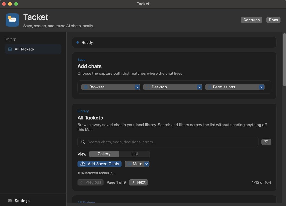Tacket’s Mac app with chat capture options and a searchable local library