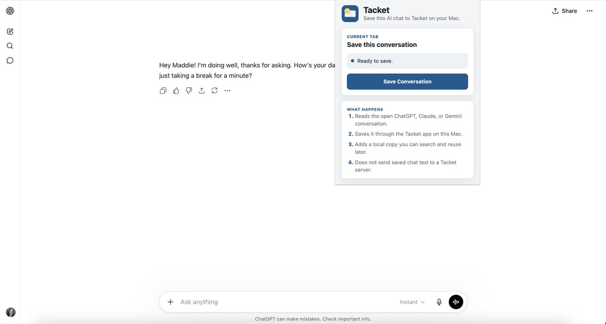 Tacket’s Chrome extension ready to save a ChatGPT conversation