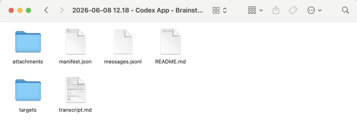 A saved Tacket folder containing attachments, messages, metadata, and a Markdown transcript