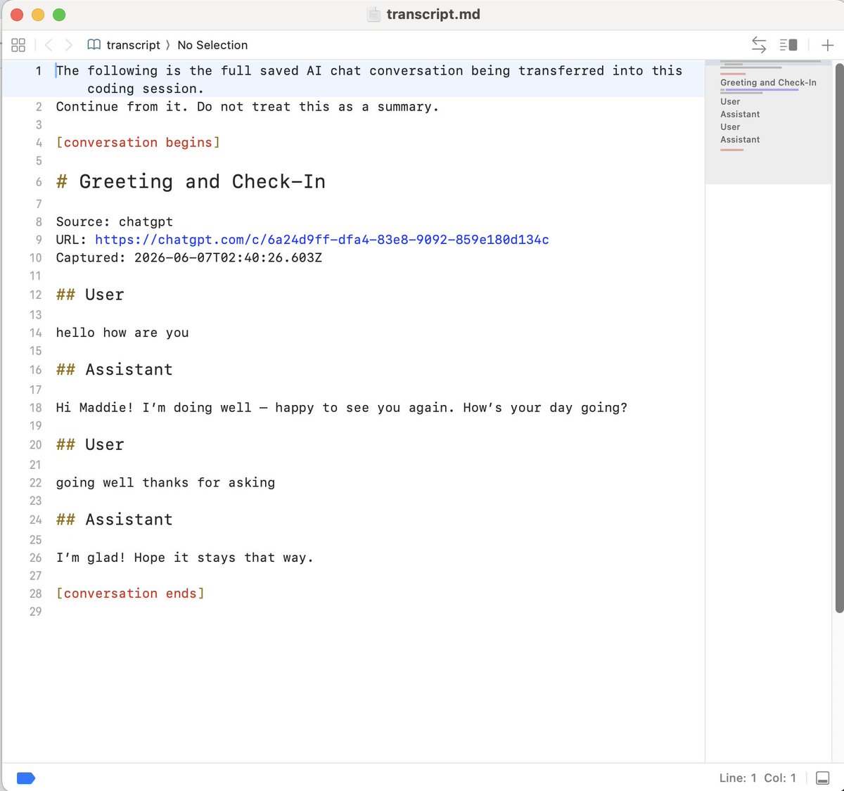 A saved conversation opened as a readable Markdown transcript