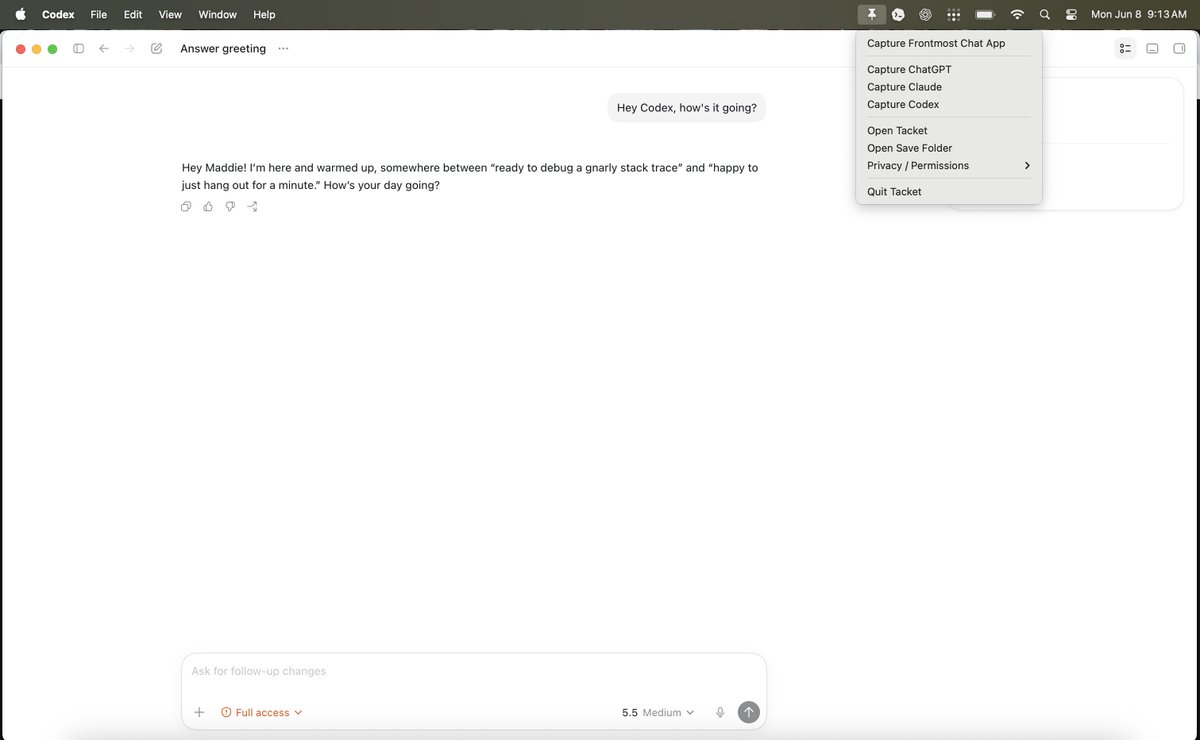 Tacket’s menu bar options for capturing chats from desktop AI apps