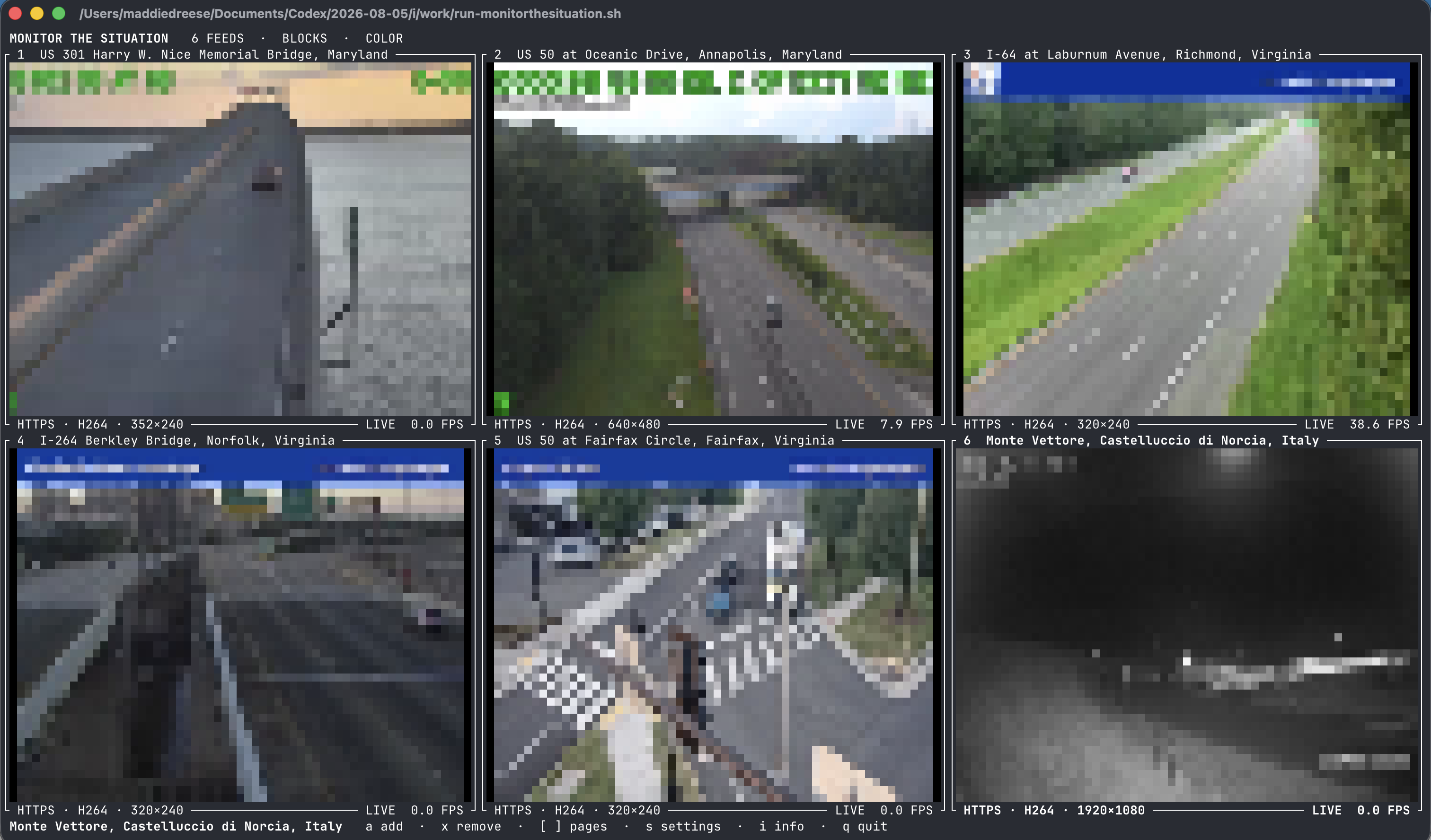 Six video feeds rendered as a color terminal wall